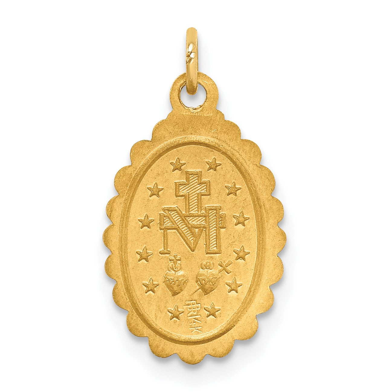 14k Polished and Satin Solid Small Miraculous Medal Scalloped Edge Oval Pendant