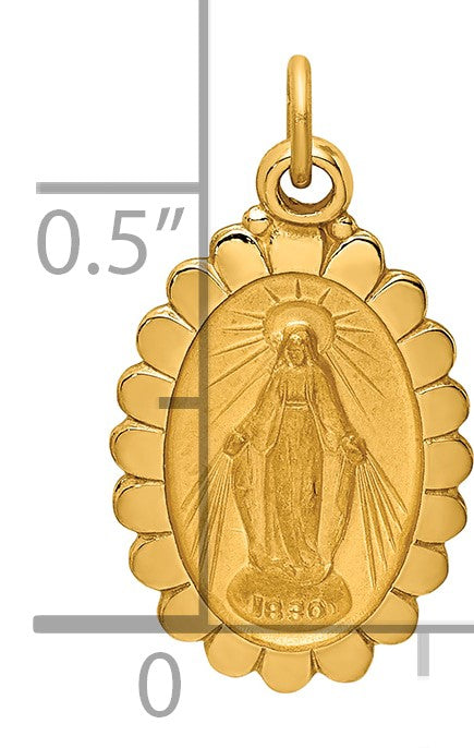 14k Polished and Satin Solid Small Miraculous Medal Scalloped Edge Oval Pendant