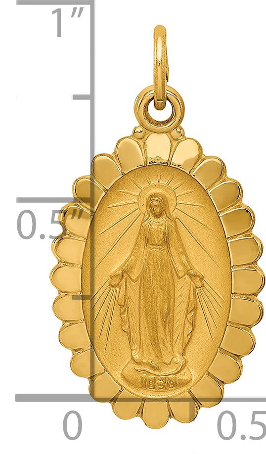 14k Polished and Satin Solid Miraculous Medal Scalloped Edge Oval Pendant