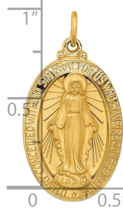 14k Polished and Satin Solid Medium Miraculous Medal Oval Pendant