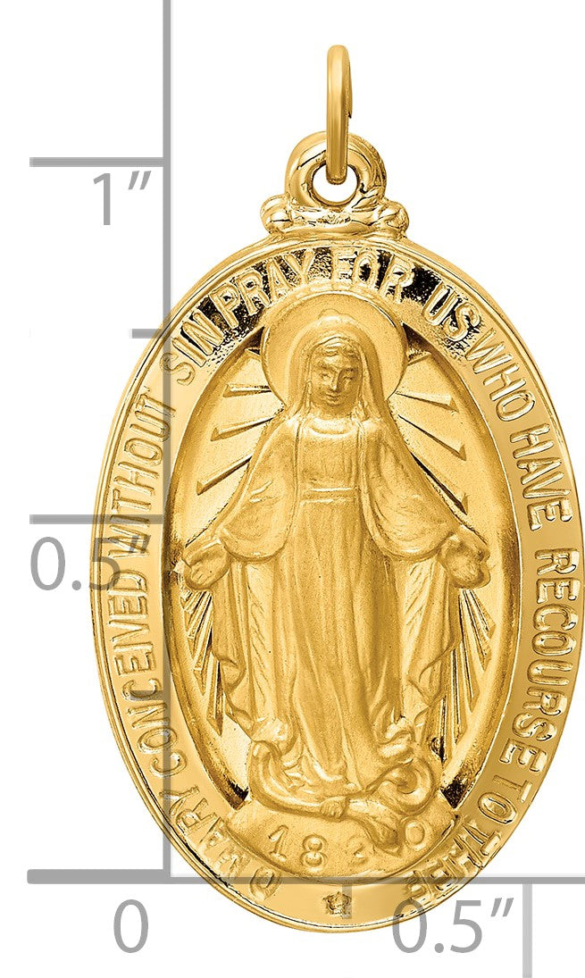 14k Polished and Satin Solid Large Miraculous Medal Oval Pendant