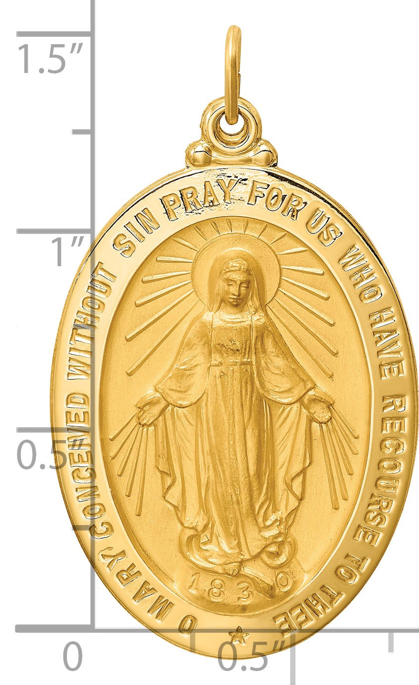 14k Polished and Satin Solid Large Miraculous Medal Oval Pendant