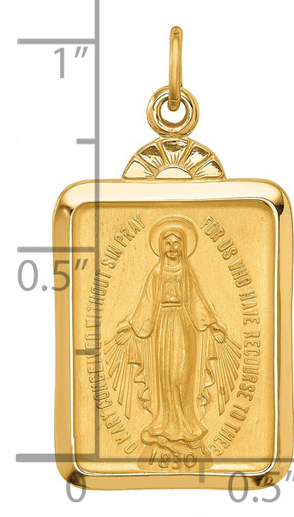 14k Polished and Satin Solid Miraculous Medal Rectangular Pendant