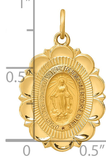 14k Polished and Satin Solid Miraculous Medal Scalloped Edge Oval Pendant