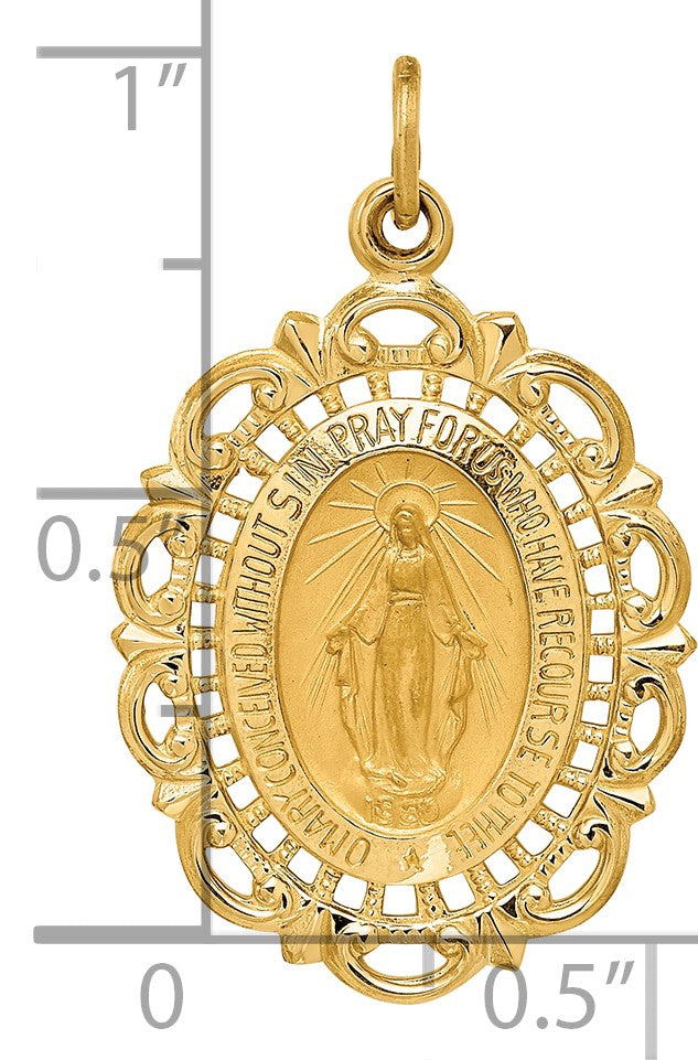 14k Polished and Satin Solid Miraculous Medal Scalloped Edge Oval Pendant