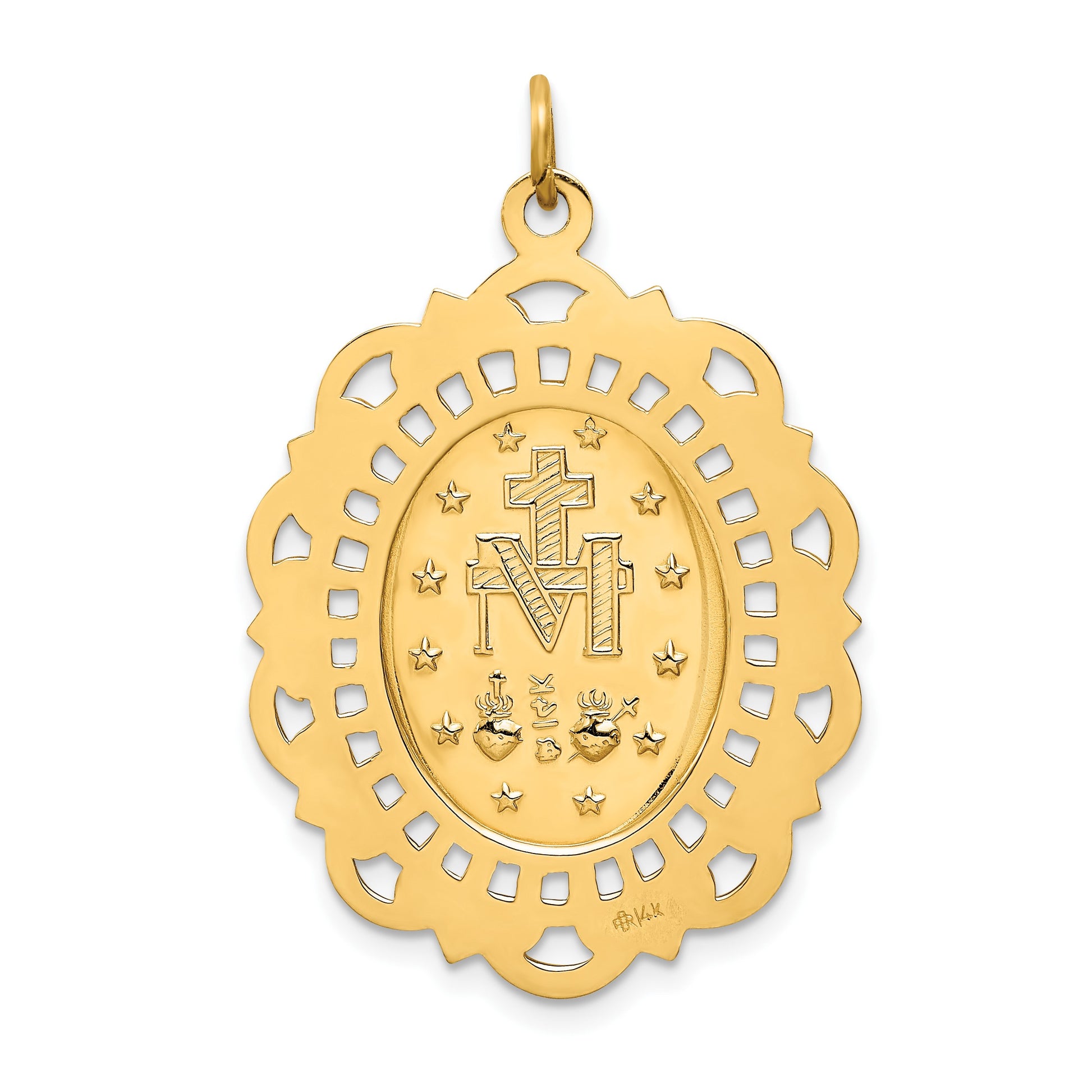 14k Polished and Satin Solid Large Miraculous Medal Scalloped Edge Oval Pendant