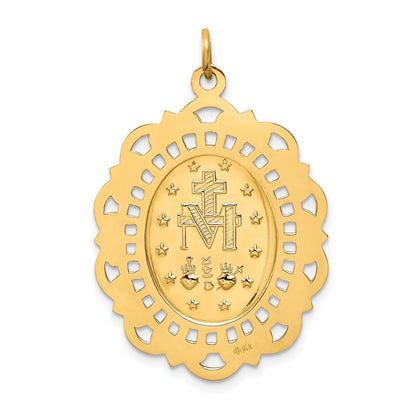 14k Polished and Satin Solid Large Miraculous Medal Scalloped Edge Oval Pendant