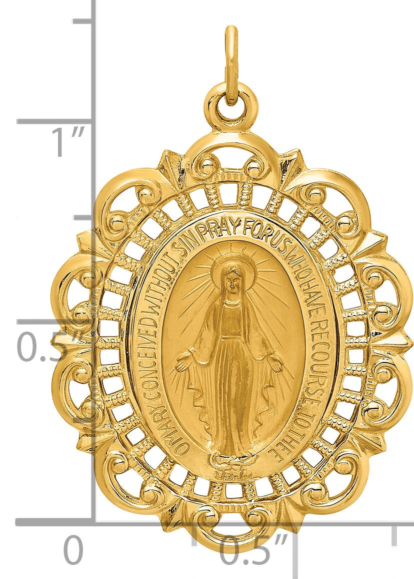 14k Polished and Satin Solid Large Miraculous Medal Scalloped Edge Oval Pendant