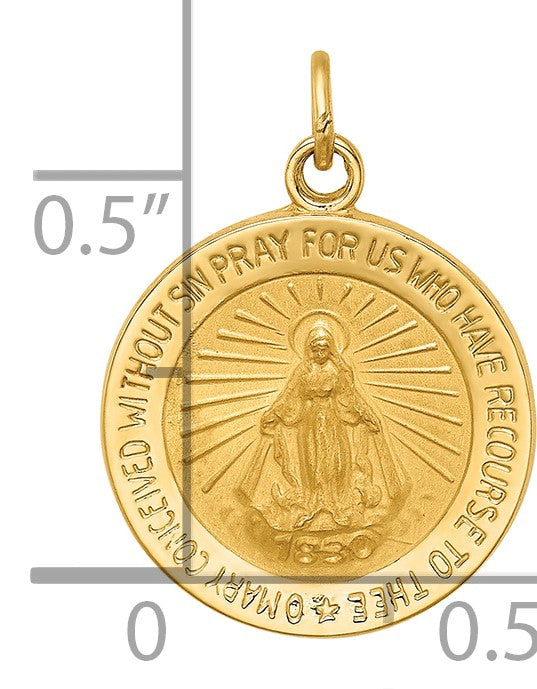 14k Polished and Satin Solid Miraculous Medal Round Charm