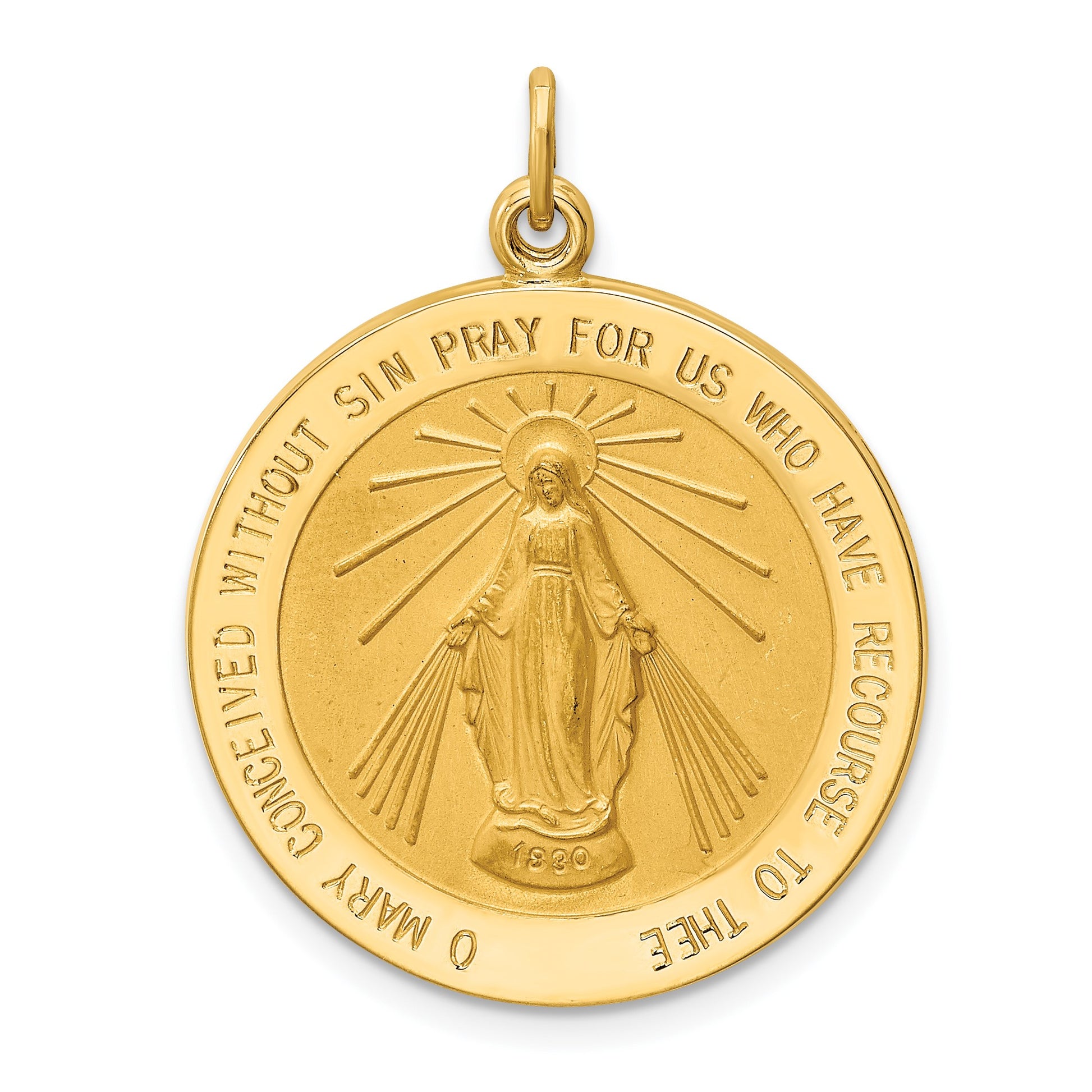 14k Polished and Satin Solid Miraculous Medal Round Pendant