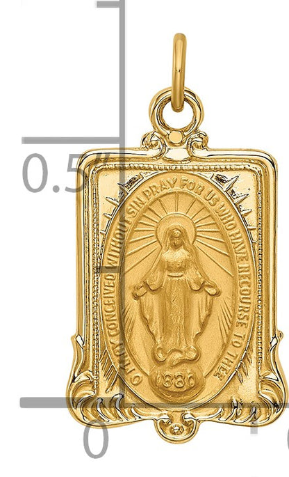 14k Polished and Satin Solid Miraculous Medal Rectangular Pendant