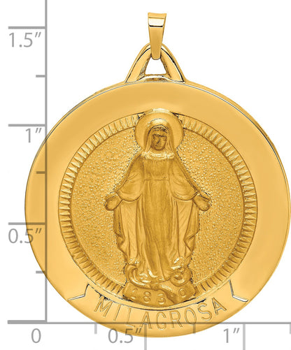 14k Polished and Satin Solid Extra Large Spanish Milagrosa Medal Round Pendant