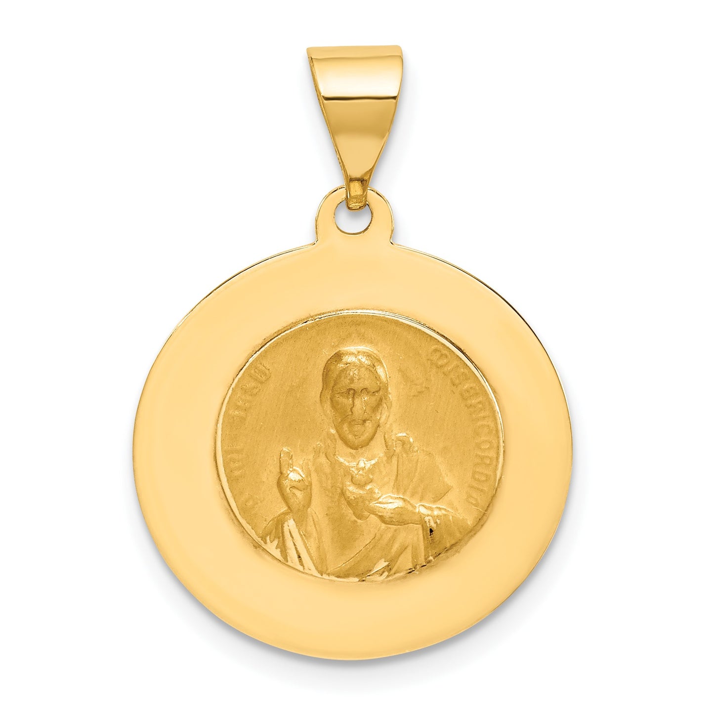 14K Polished and Satin Hollow Spanish Oh Reina Del Santo Escapulario Medal Reversible Round Pendant