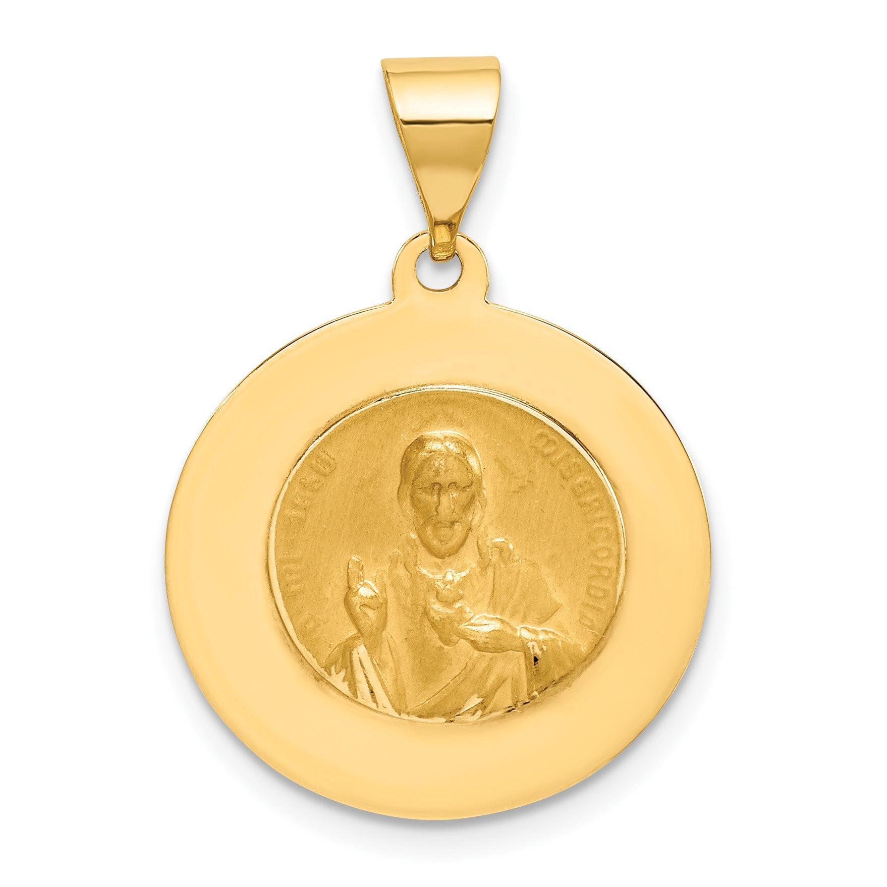 14K Polished and Satin Hollow Spanish Oh Reina Del Santo Escapulario Medal Reversible Round Pendant