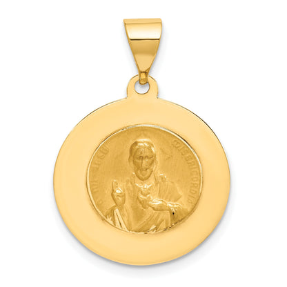 14K Polished and Satin Hollow Spanish Oh Reina Del Santo Escapulario Medal Reversible Round Pendant