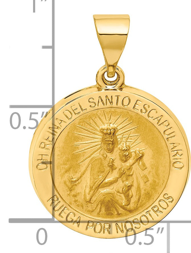 14K Polished and Satin Hollow Spanish Oh Reina Del Santo Escapulario Medal Reversible Round Pendant