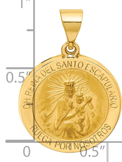 14K Polished and Satin Hollow Spanish Oh Reina Del Santo Escapulario Medal Reversible Round Pendant