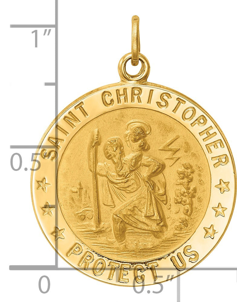 14k Polished and Satin Medium Solid  Round St. Christopher Medal Pendant