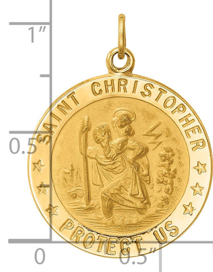14k Polished and Satin Medium Solid  Round St. Christopher Medal Pendant