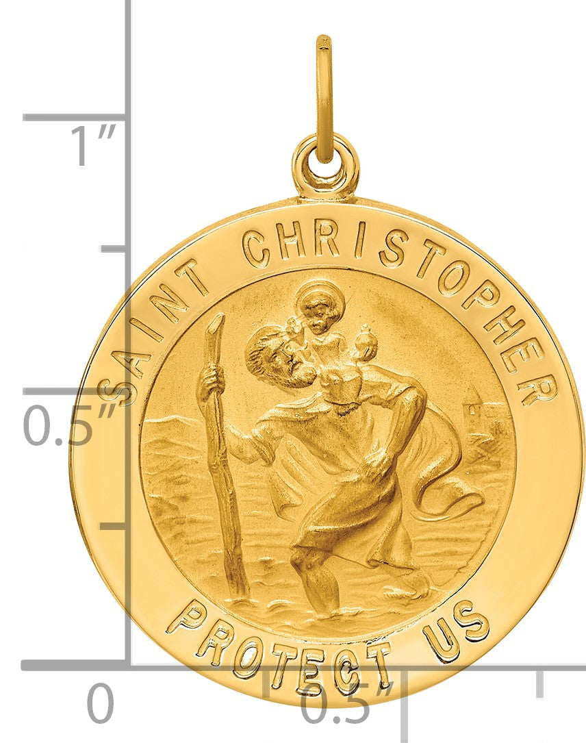 14k Polished and Satin Solid St. Christopher Medal Round Pendant