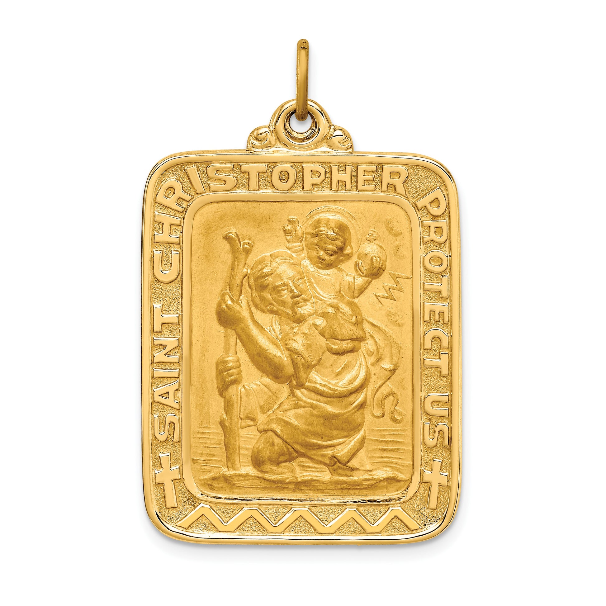 14k Polished and Satin Solid Large Rectangle St. Christopher Medal Pendant