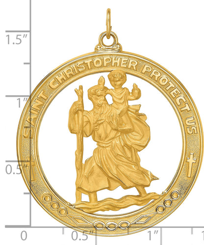 14k Polished and Satin Solid Extra Large Cut-out St. Christopher Medal Round Pendant