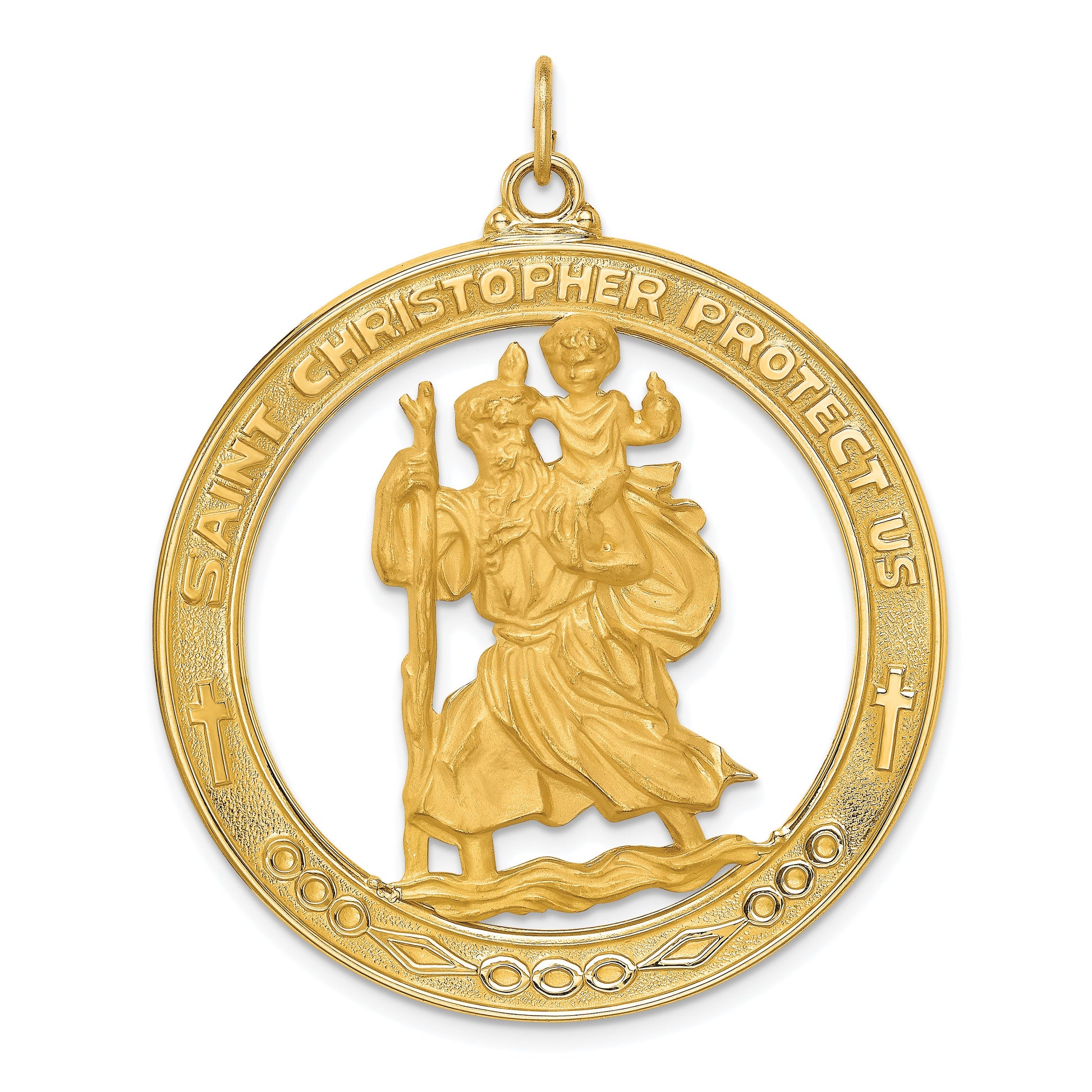 14k Polished and Satin Solid Extra Large Cut-out St. Christopher Medal Round Pendant
