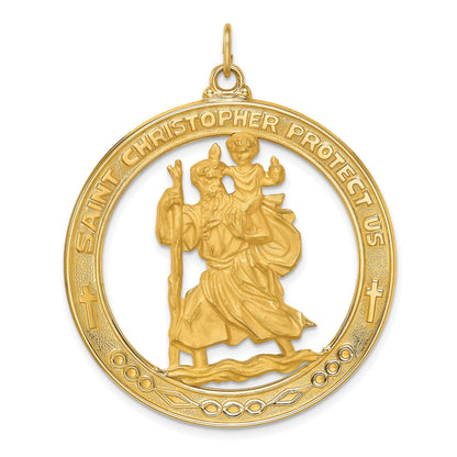 14k Polished and Satin Solid Extra Large Cut-out St. Christopher Medal Round Pendant