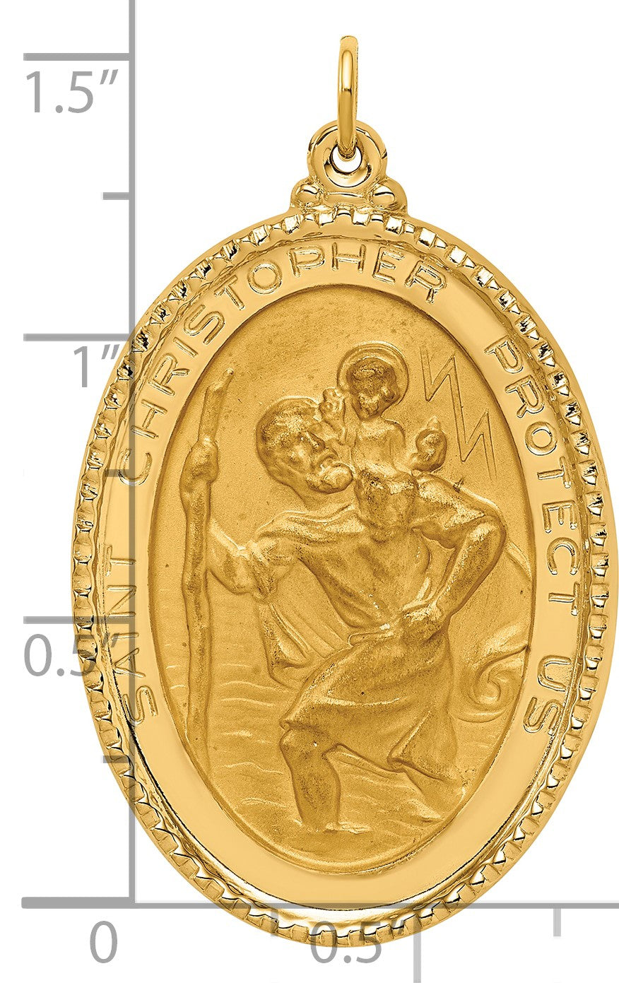 14K Polished and Satin Solid Beaded Edge St. Christopher Medal Oval Pendant