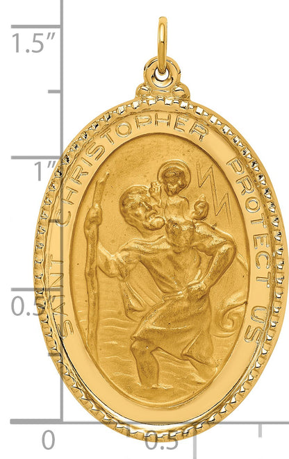 14K Polished and Satin Solid Beaded Edge St. Christopher Medal Oval Pendant