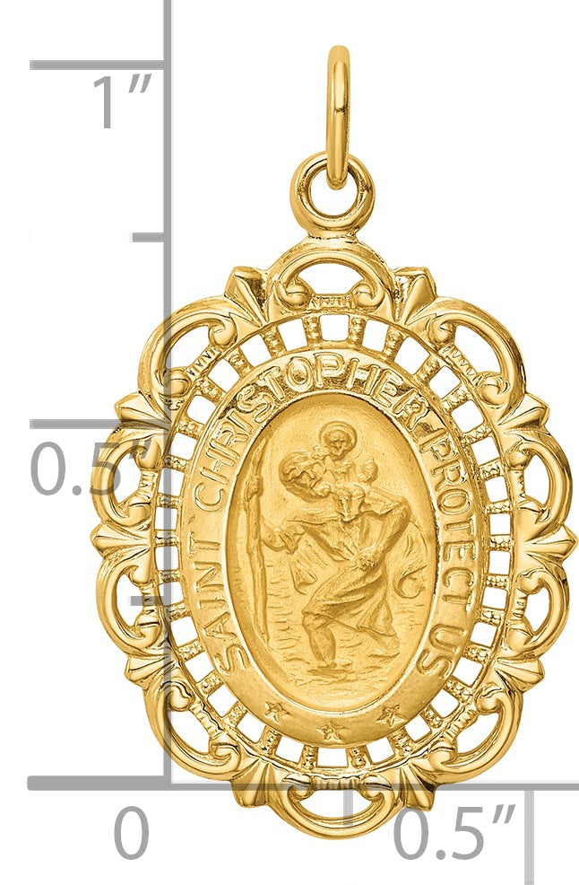 14k Polished and Satin Solid Medium Fancy Pierced Oval St. Christopher Medal Pendant