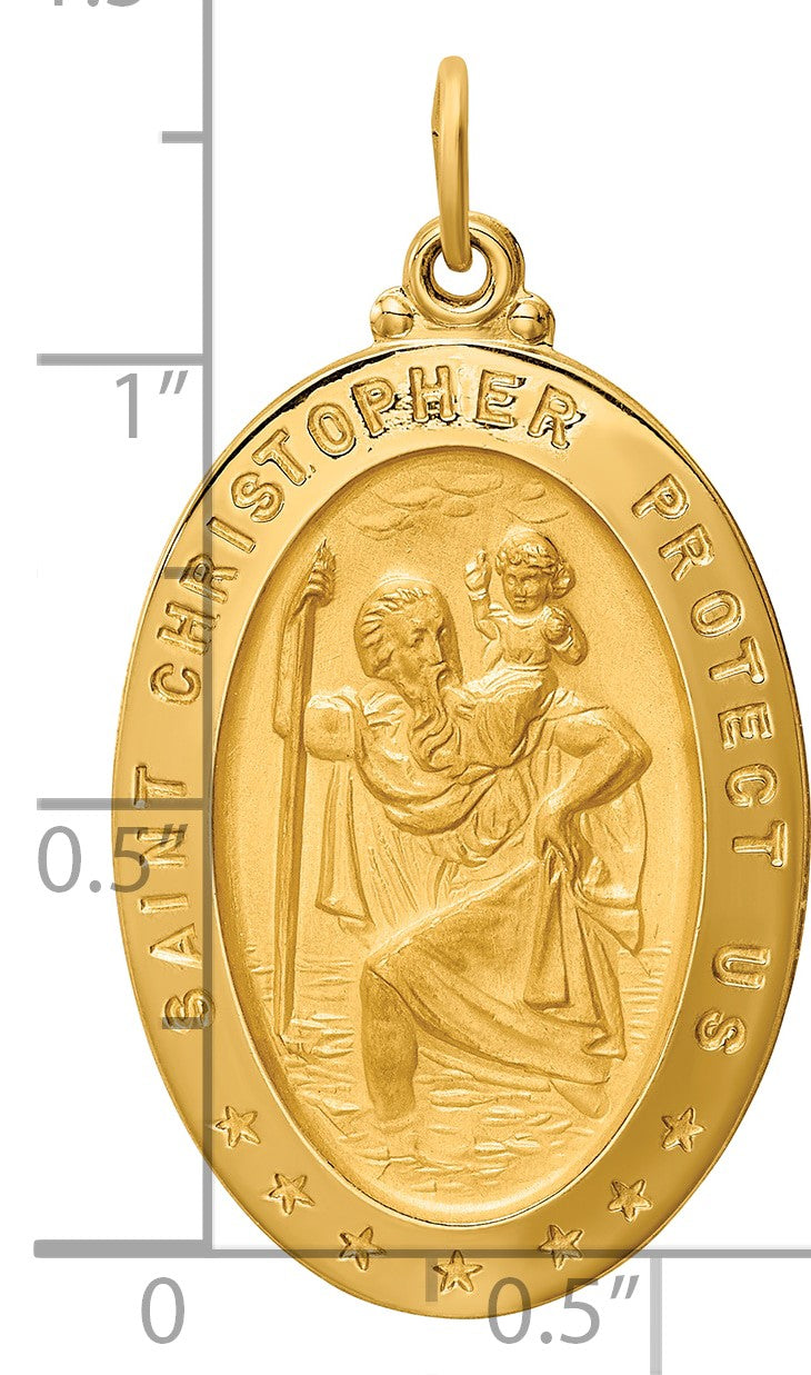 14k Polished and Satin Large Solid St. Christopher Medal Oval Pendant