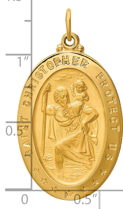 14k Polished and Satin Large Solid St. Christopher Medal Oval Pendant
