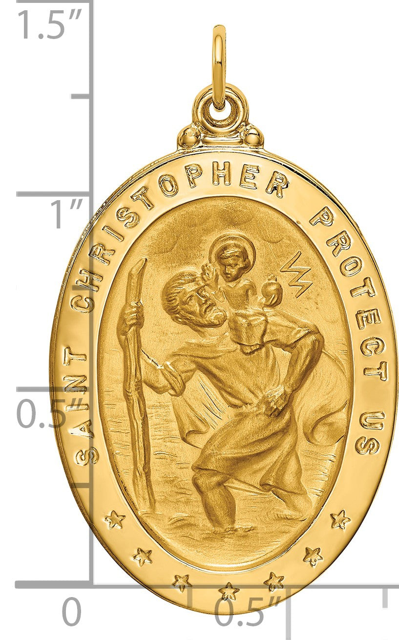 14k Polished and Satin Solid Large St. Christopher Medal Oval Pendant