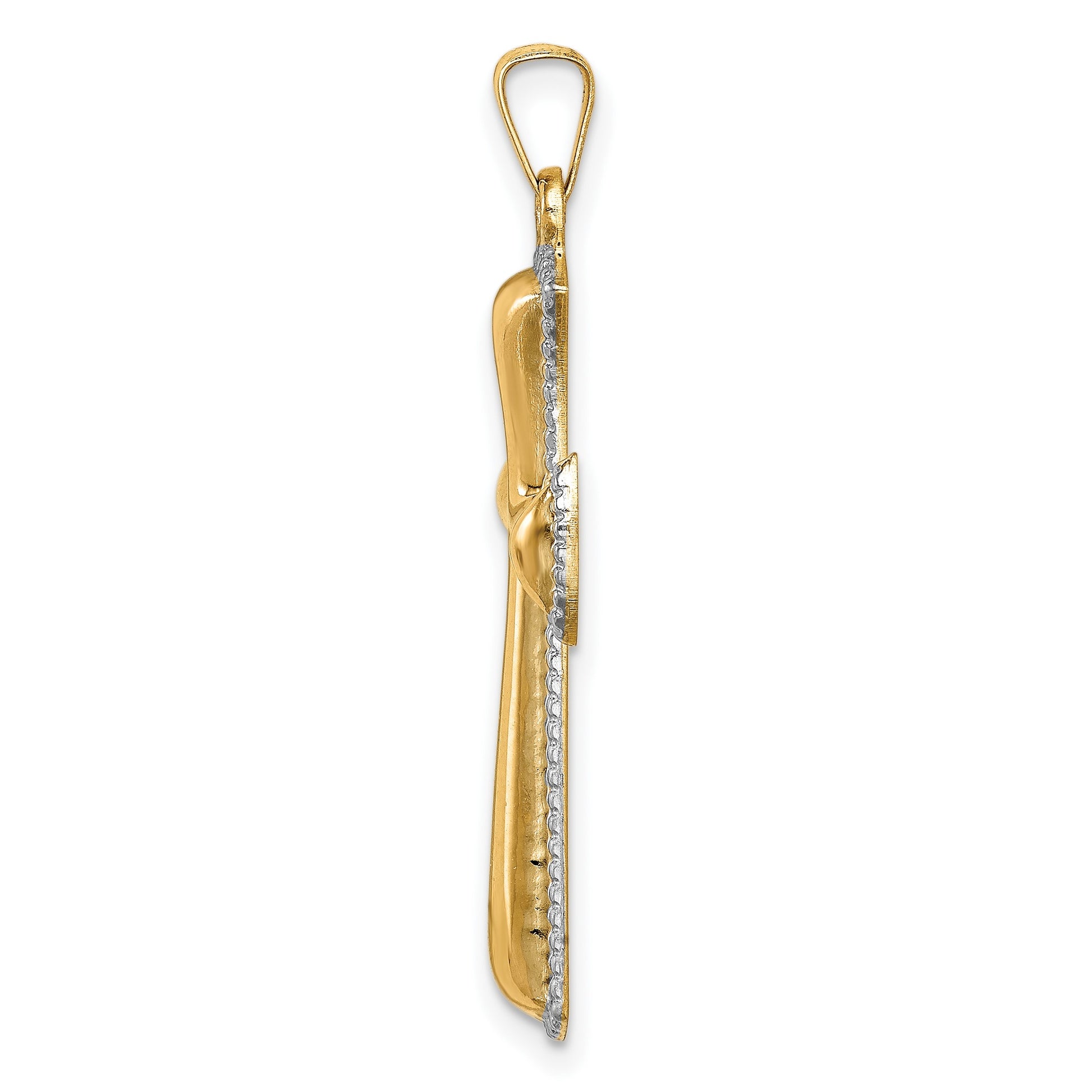 14k Hollow Polished with White Rhodium Beaded Edge Cross Pendant