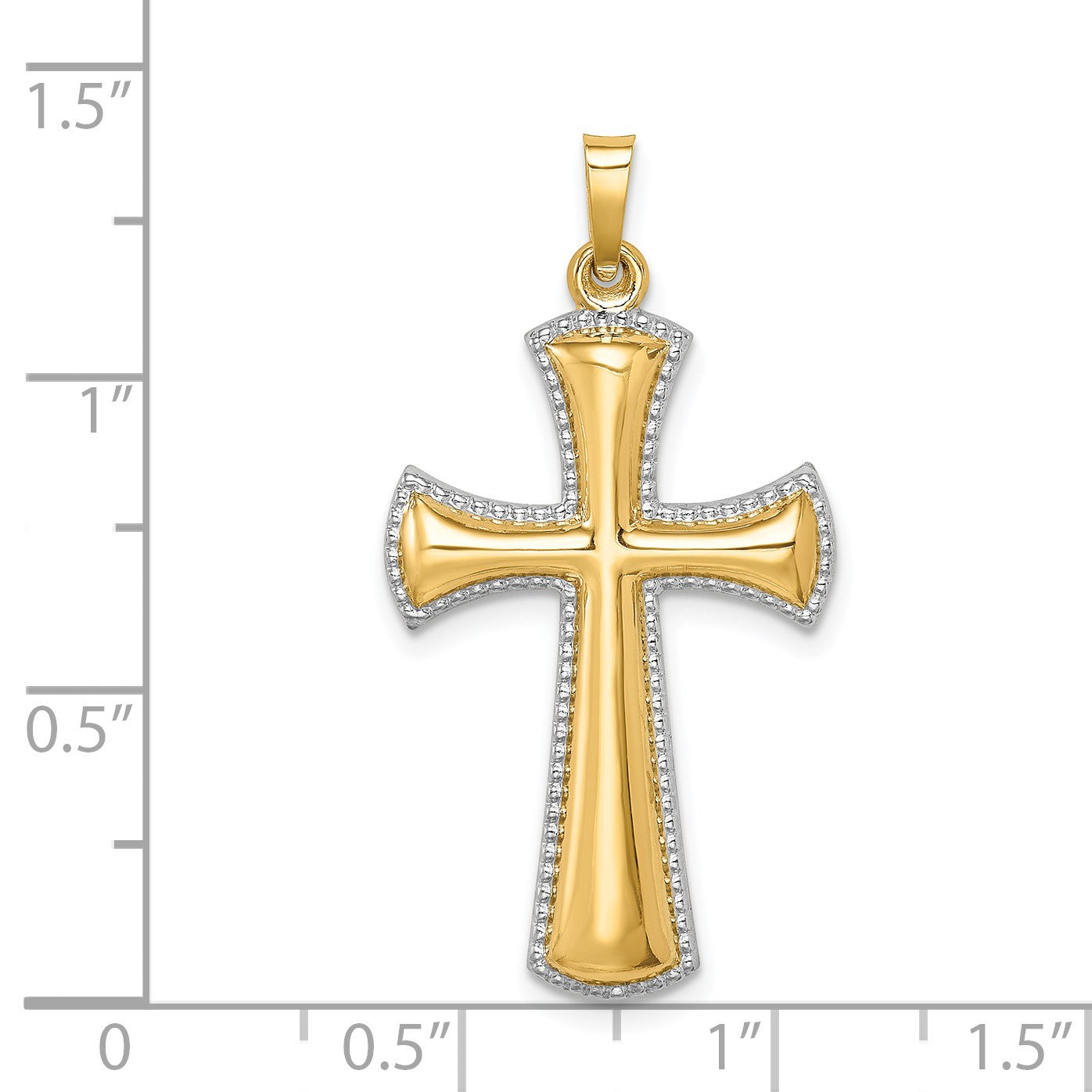 14k Hollow Polished with White Rhodium Beaded Edge Cross Pendant