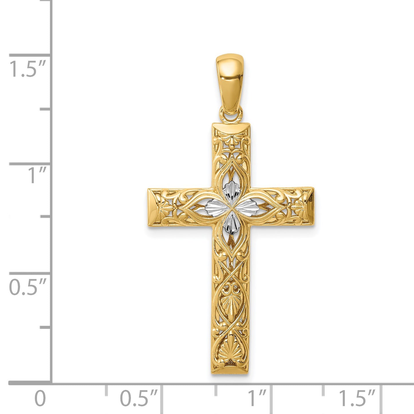 14K and White Rhodium Diamond-cut Cross Pendant