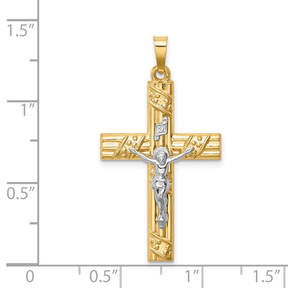 14k Two-tone Hollow Polished Textured and Striped Latin Crucifix Pendant