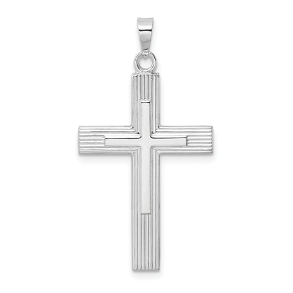14k White Gold Polished Solid Striped Double Cross Pendant