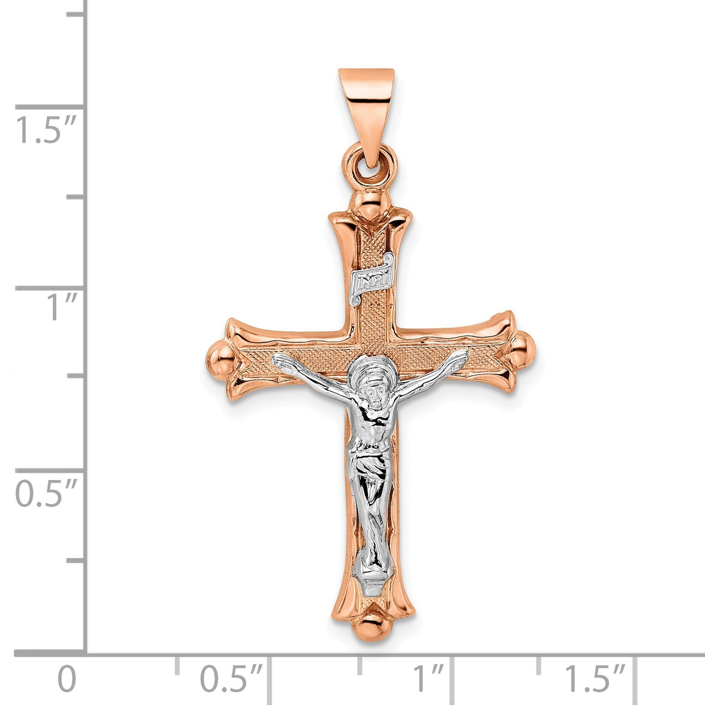14k Rose and White Gold Polished Fleur de Lis INRI Hollow Crucifix Pendant