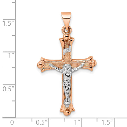 14k Rose and White Gold Polished Fleur de Lis INRI Hollow Crucifix Pendant
