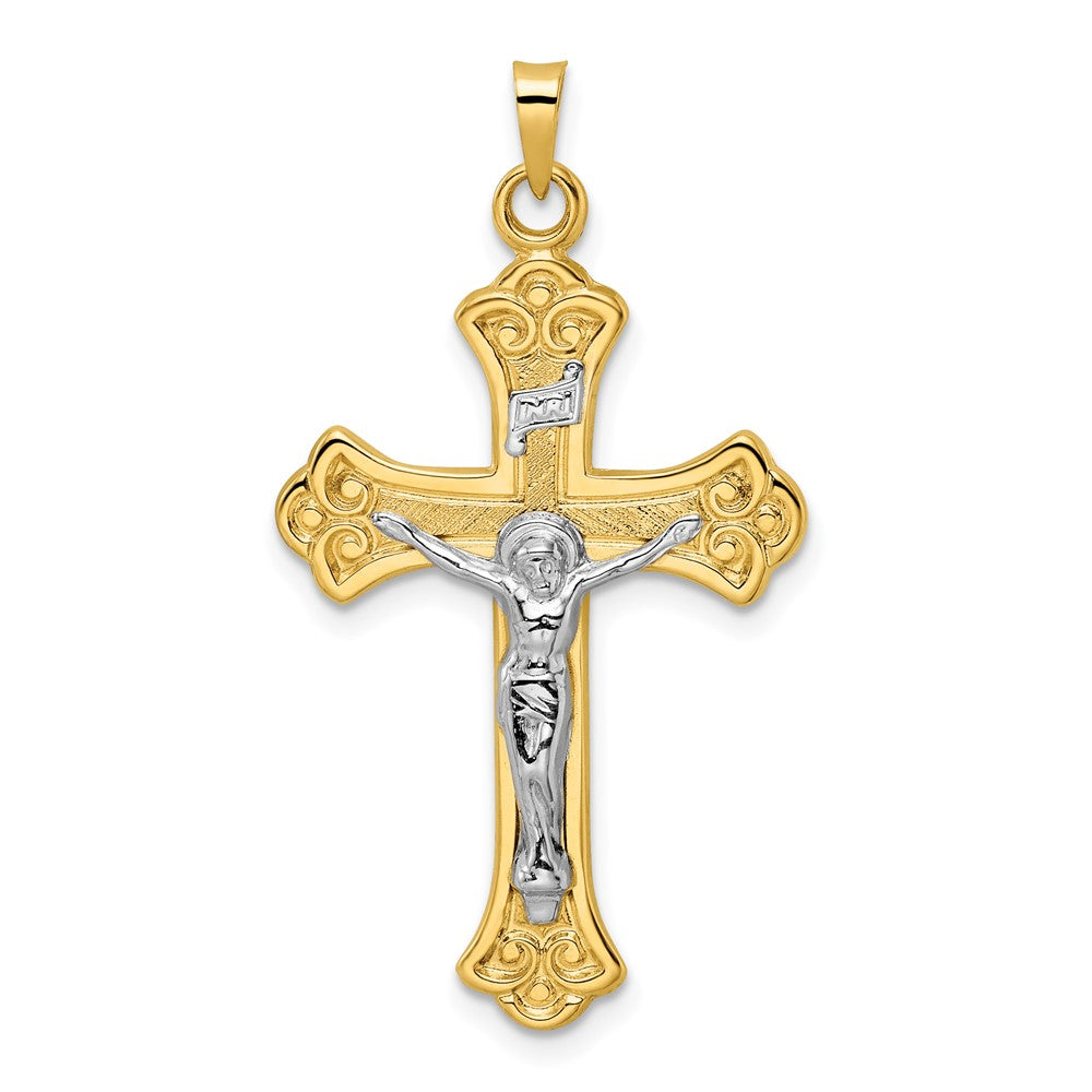 14k Two-tone Polished Solid INRI Fleur de Lis Crucifix Pendant