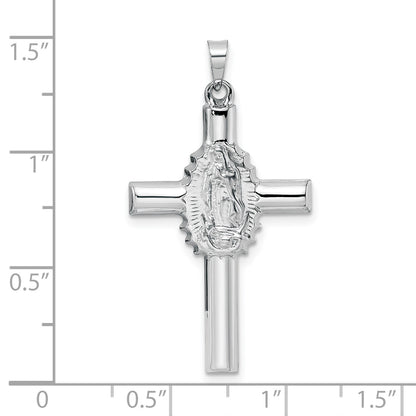 14k White Gold Polished and Satin Hollow Cross with Our Lady of Guadalupe Pendant