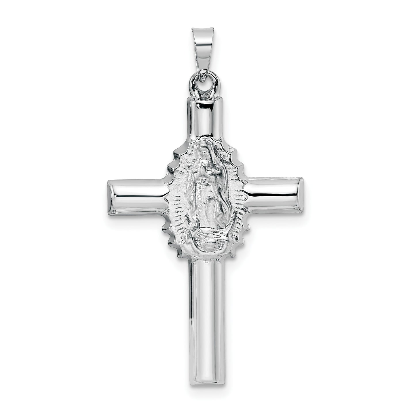 14k White Gold Polished and Satin Hollow Cross with Our Lady of Guadalupe Pendant