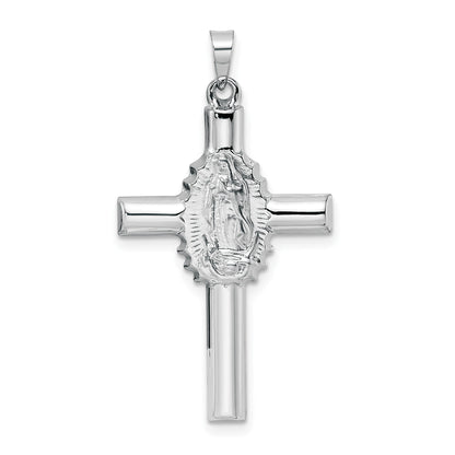 14k White Gold Polished and Satin Hollow Cross with Our Lady of Guadalupe Pendant