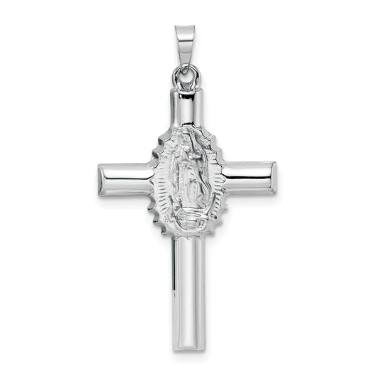14k White Gold Polished and Satin Hollow Cross with Our Lady of Guadalupe Pendant