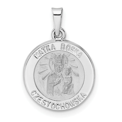 14k White Gold Polished and Satin Hollow Matka Boska Czestochowska Medal Reversible Round Pendant