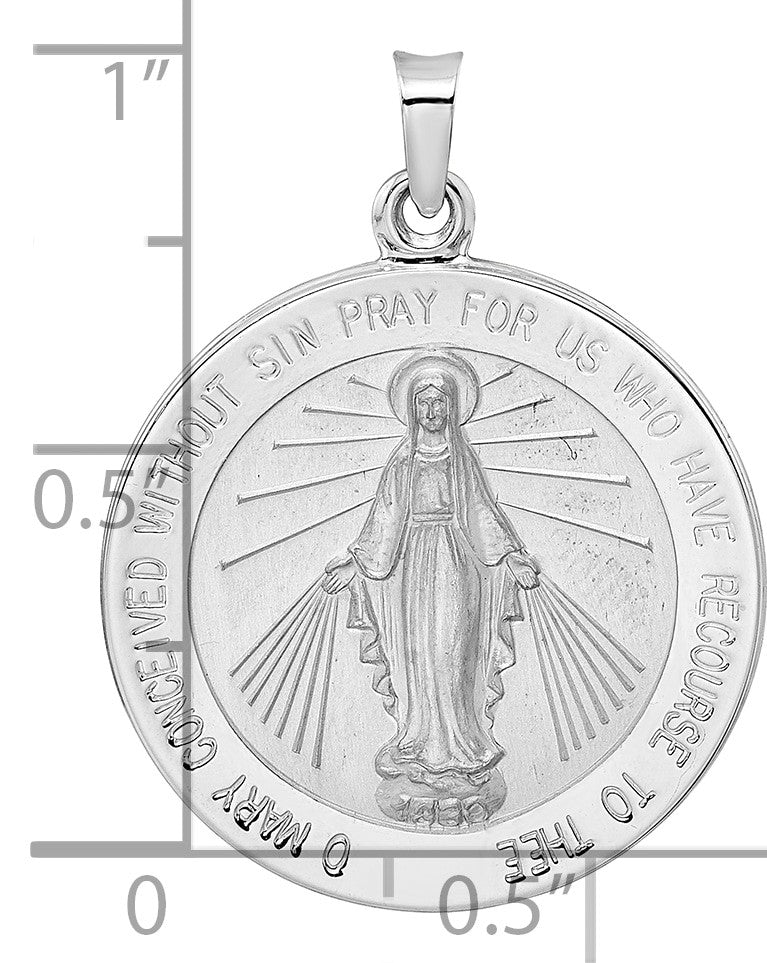 14k White Gold Polished and Satin Solid Miraculous Medal Round Pendant