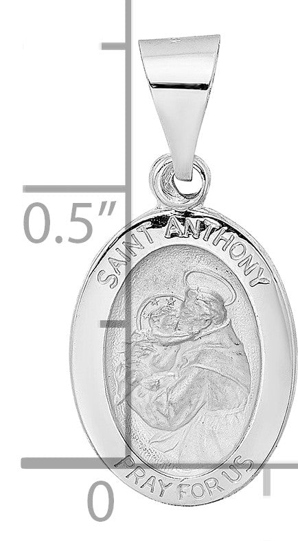 14k White Gold Polished and Satin Hollow St Anthony Medal Small Oval Pendant