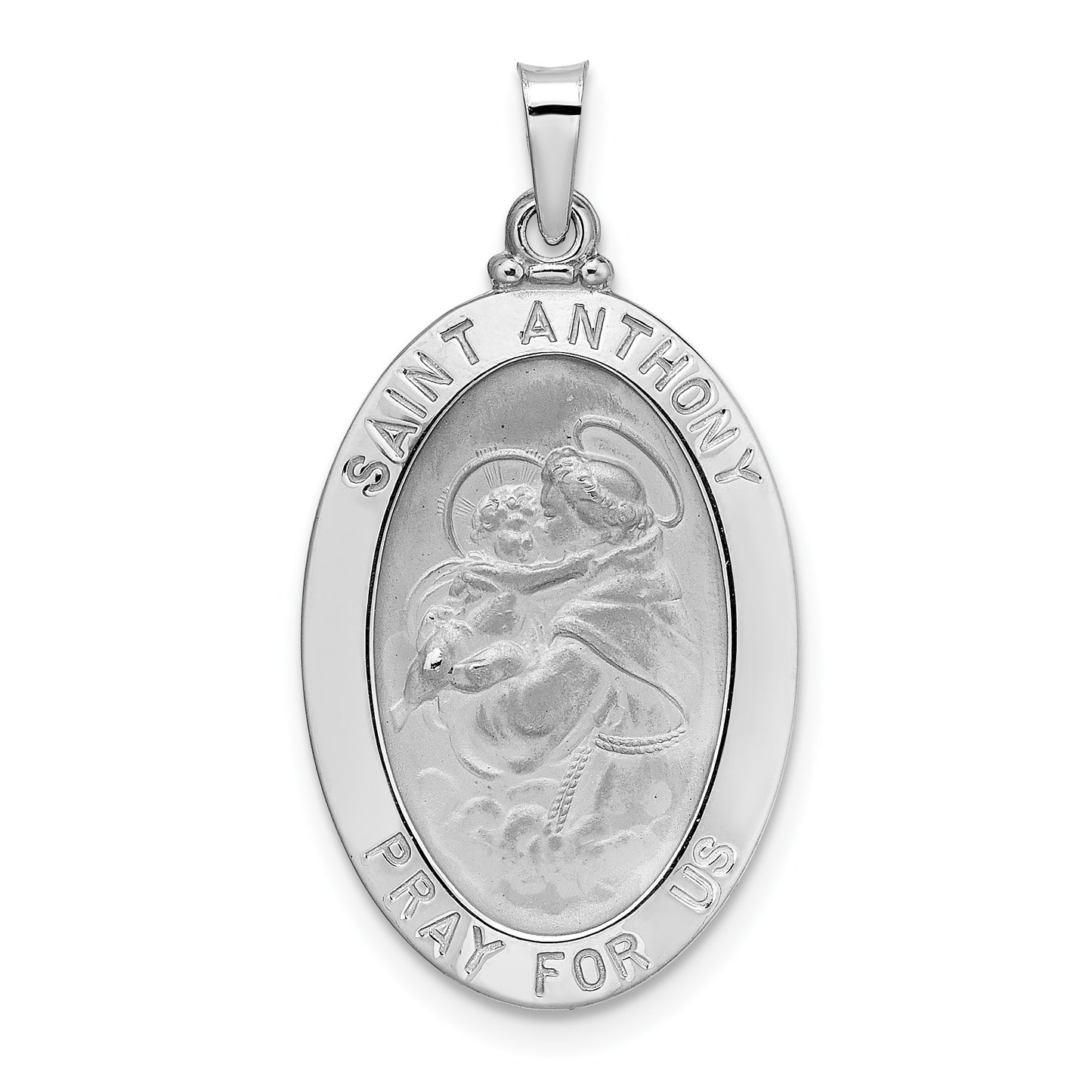 14k White Gold Polished and Satin Solid St Anthony Medal Oval Pendant